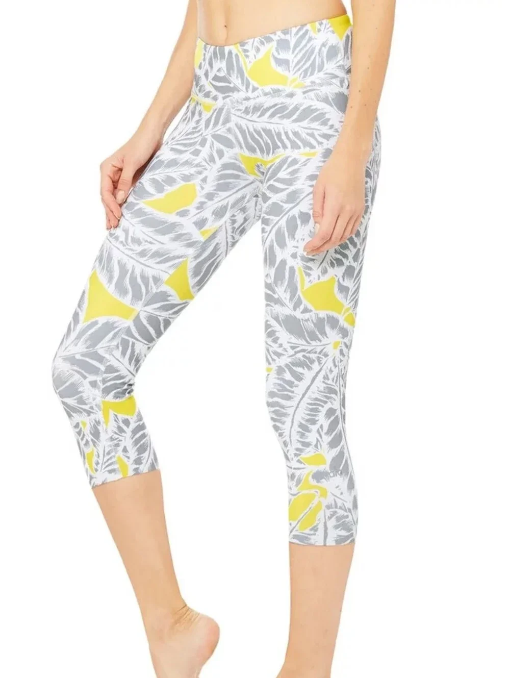 Alo Yoga Airbrush Capri Leggings Palm Spring Zest Grey Yellow Tropical Small